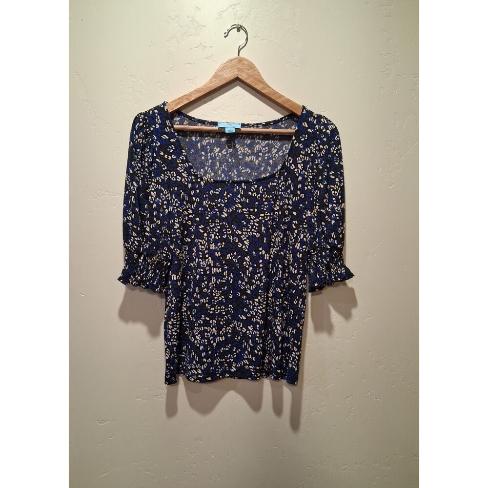 CeCe Top Womens S Animal Print Blue Black Tan Blouse‎ Puff Sleeve Slinky Stretch